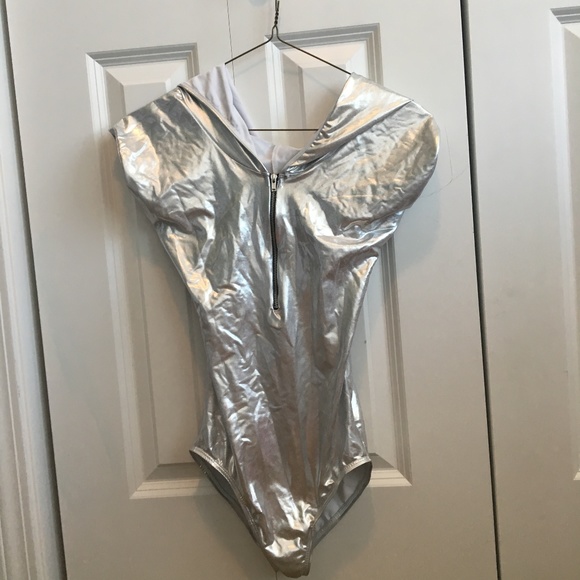 Natalie Dancewear Other - Silver satin zip up leotard/bodysuit with hood